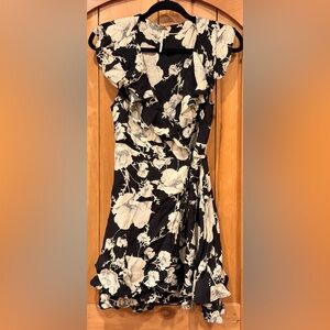 Free People- Asymmetrical Black and Cream Floral Mini Wrap Dress